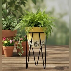 Hand-Painted Ceramic Barrel Planter with Modern Metal Stand – Yellow & Beige